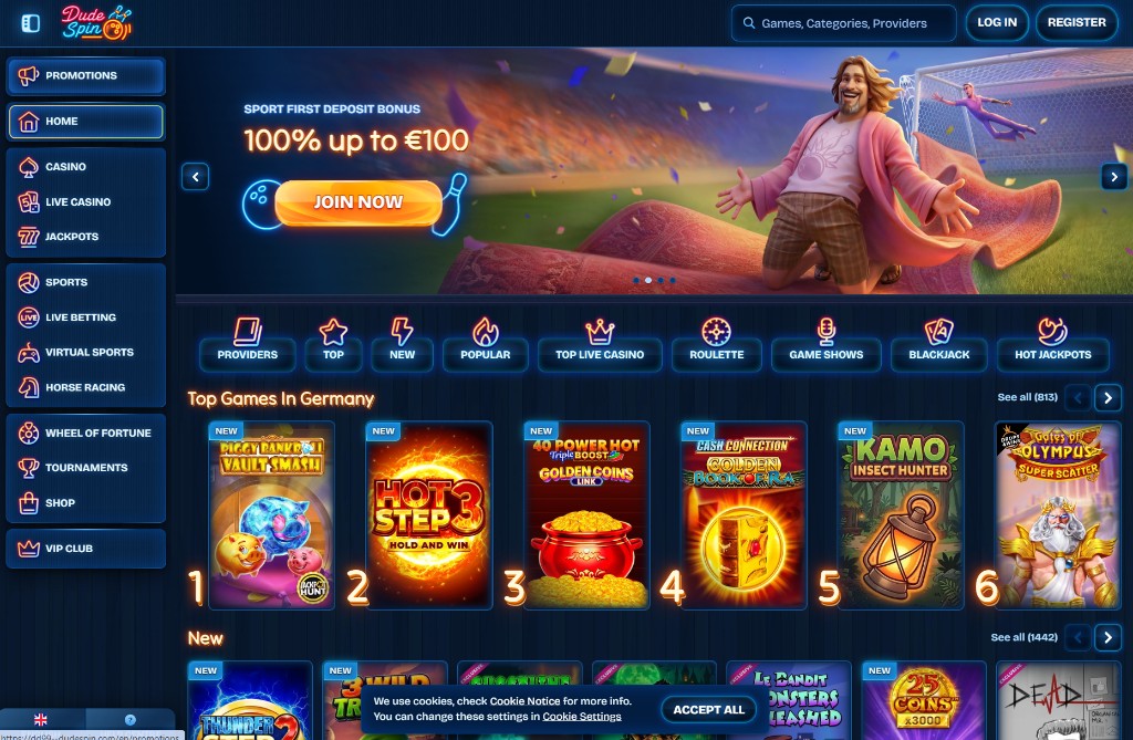 Dudespin Startseite mit Sportbonus im Karussell und Top-Spielen